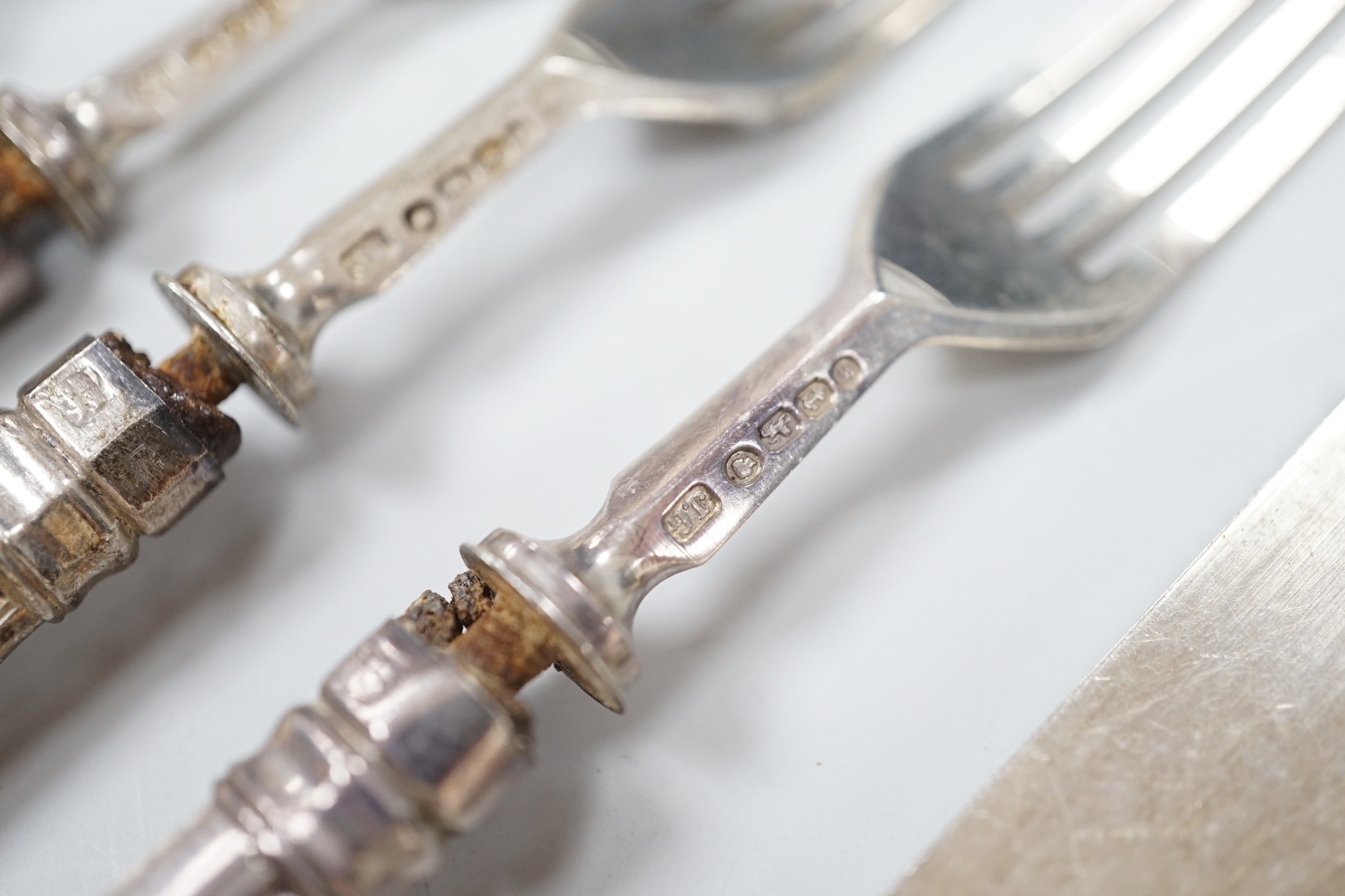 Six pairs of Victorian silver Kings pattern dessert eaters, John Gilbert & Co, Birmingham, 1871, (a.f.)